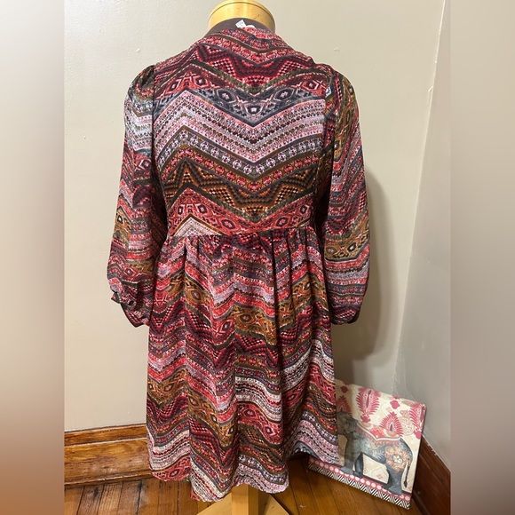UMGEE Size L DRESS Tassel Tie Front Red Aztec Mix Print Babydoll  BOHO - Picture 5 of 11